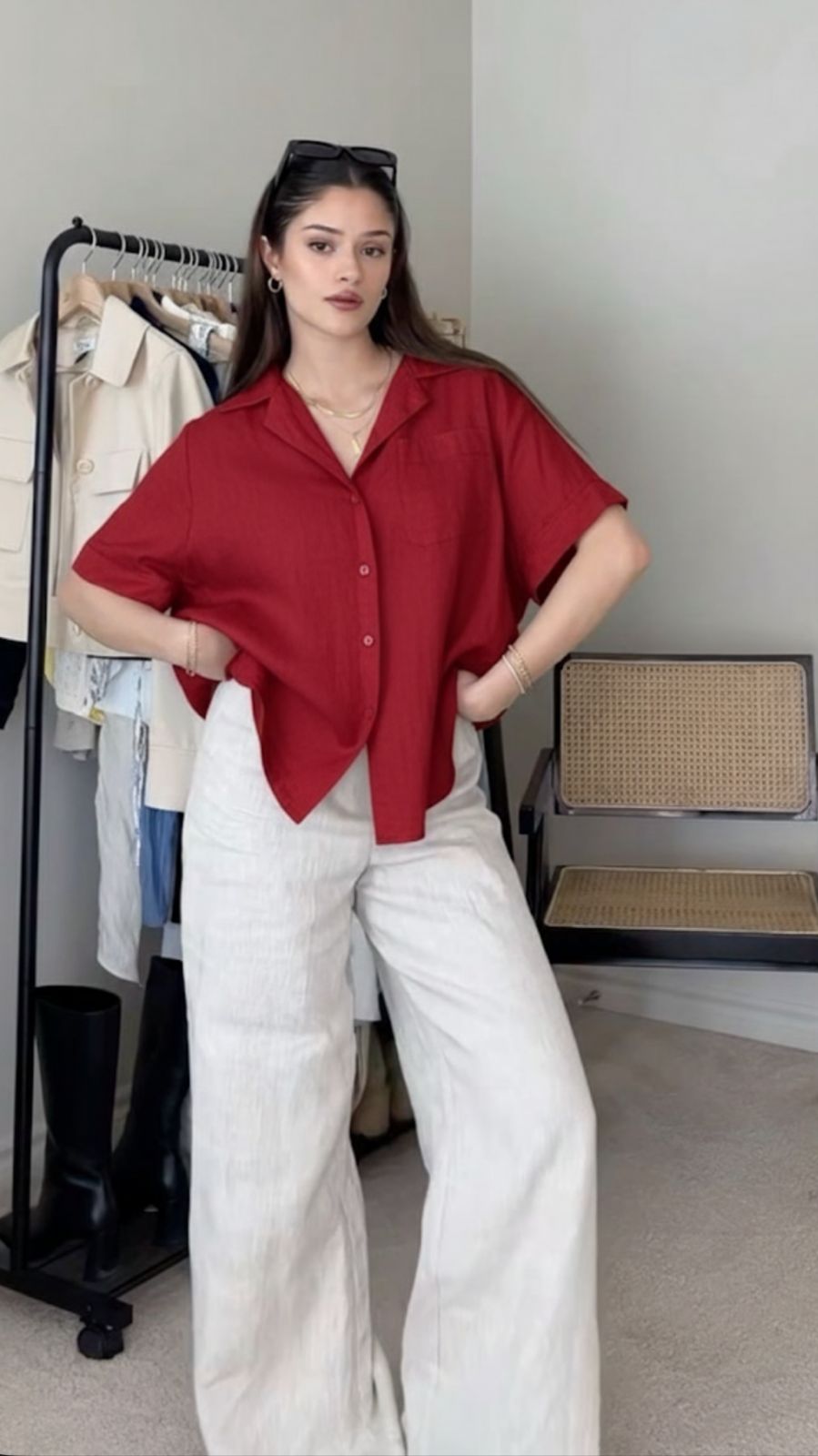 Relaxed Fit Red Collared Shirt & White Flowy Trousers Set