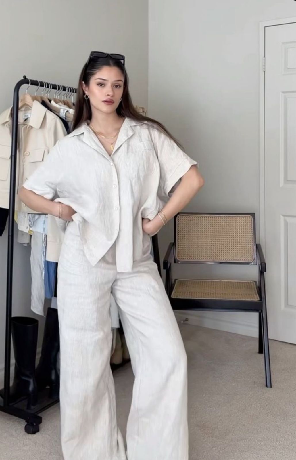 Relaxed Fit White Collared Shirt & White Flowy Trousers Set