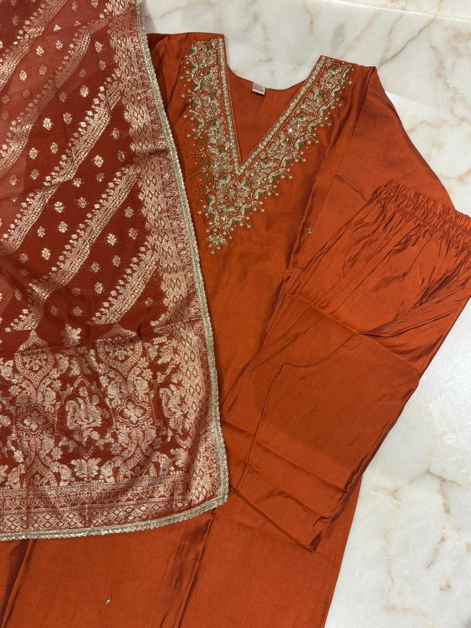 Three Piece Dilkash Orange Suit
