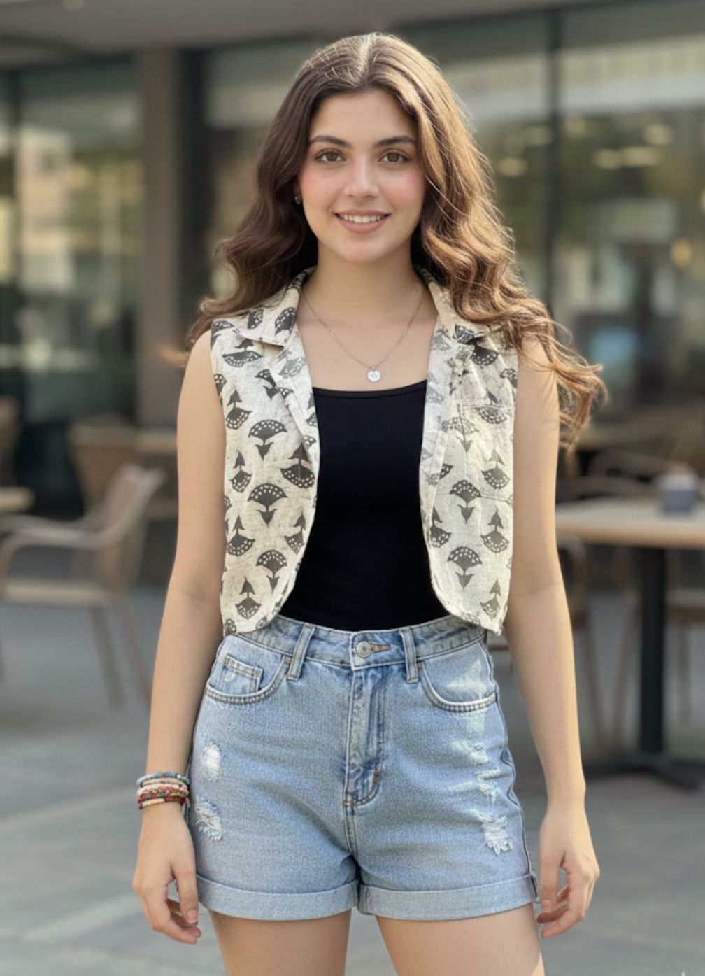 Monochrome Geometric Print Cropped Koti